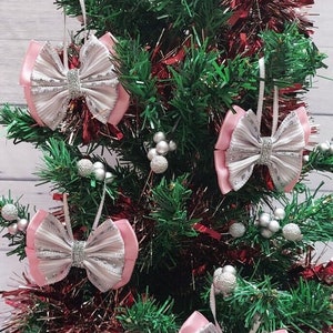 Christmas tree ribbon decoration bows for wreath gifts pink silver hanging festive Xmas ornament handmade 9 cm