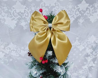 Lazo dorado para árbol de Navidad, adorno de lazo de satén, corona decorativa, lazo, cintas navideñas, 19 x 25 cm