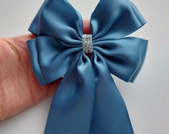 Antique French Dusky Blue Large Satin Ribbon Double Bow Wedding Christening Party Gift Wrapping Bow Glitter Bow Hair Bow 14 x18 cm