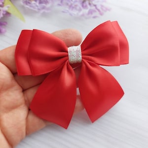 Double Bows Satin Ribbon Ready Made Bows 3.5 inch 9cm Wide Red AB White Glitter Bows Christmas Bows Craft Bows Hair Bow Gift Bows