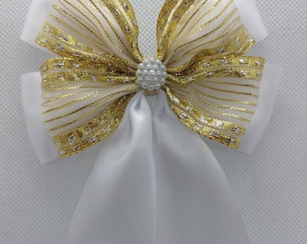 2 x Satin Ribbon Bow, White Bow, Golden Bow, Wedding Bow, Christening Party Bow, Gift Wrapping Bow, Christmas Bow, Large Bow Decorative Bow