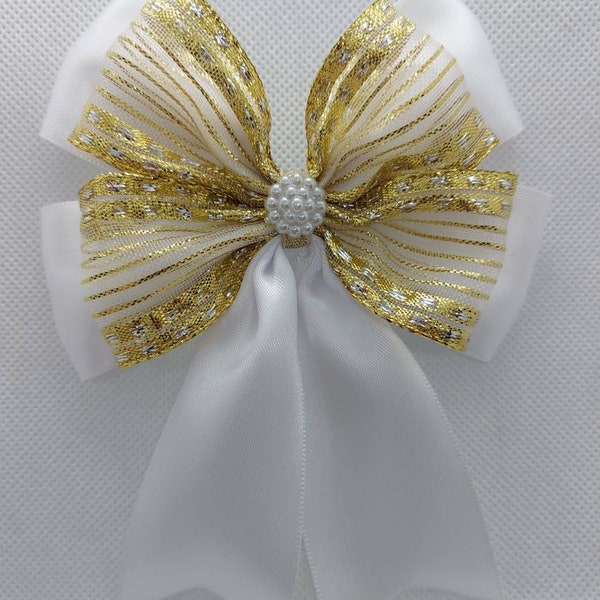 2 x Satin Ribbon Bow, White Bow, Golden Bow, Wedding Bow, Christening Party Bow, Gift Wrapping Bow, Christmas Bow, Large Bow Decorative Bow