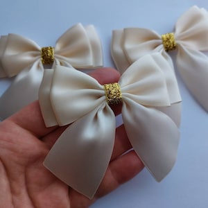 Double Bows Satin Ribbon Ready Made Bows 3.5 inch 9cm Wide Ivory Golden Glitter Craft Sewing Bows Ivory Hair Bow