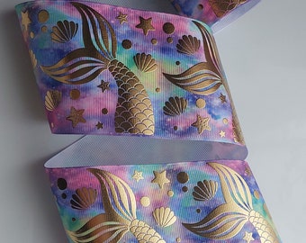 Grosgrain Ribbon gold hot stamping mermaid ribbon 75 mm 3" Gift birthday Decorative Ribbon x 2 metres