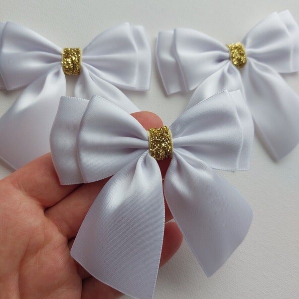 Double Bows Satin Ribbon Ready Made Bows 9cm Large Bows White Golden Glitter Bow Wedding Bow Craft Bow White Hair Bow White Gift Bow