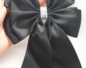1 x Large 14 x18 cm Satin Ribbon Double Bow Stick on Party Gift Bow Glitter Bow Black Bow