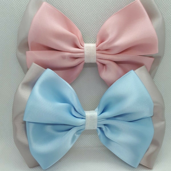 1 x Satin Bow for Baby Pram Hood Pushchair Car Seat Stroller Nursery Decorative Bow With Nappy Pin 14 cm Baby Pink Blue Bow