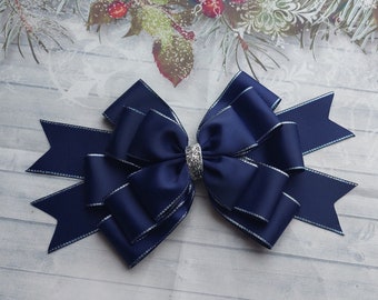 Ribbon stick on gift present bow Wedding Christening Party Gift Wrapping bow navy blue silver special ocasion bow