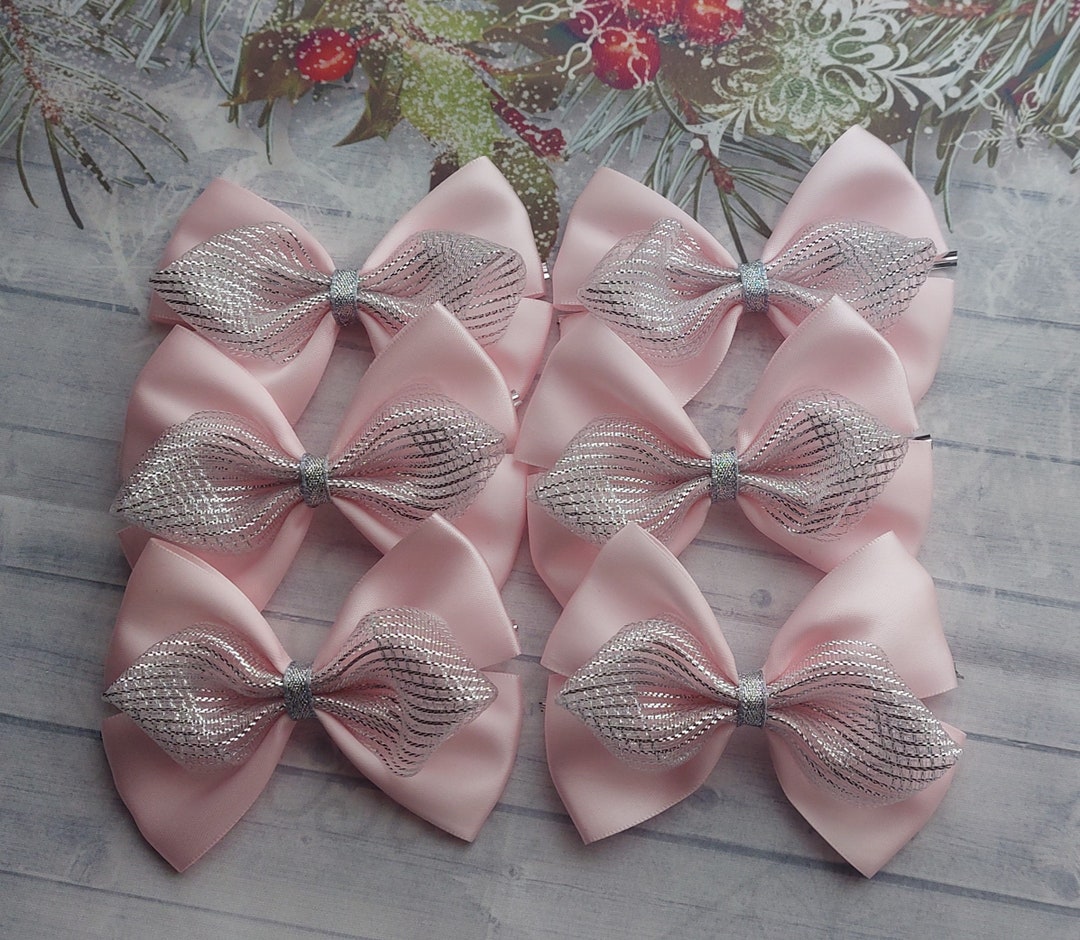 Satin Ribbon Ready Made Bows Large Powder Pink Silver Stick on Present