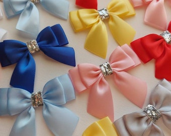 6 x Satin Ribbon Bows 7 cm Bows Self Adhesive Bows Silver Glitter Bow Wedding Bow Craft Bow Gift Wrapping