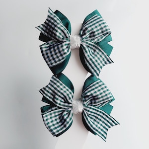 School Hair bow clips uniform bow tie green white grosgrain hair bow back to school bow 8 cm