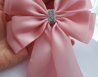 1 x Pink 14 x18 cm Satin Ribbon Double Bow Hair Bow Wedding Christening Party Gift Wrapping Bow Stick on Present Glitter Bow