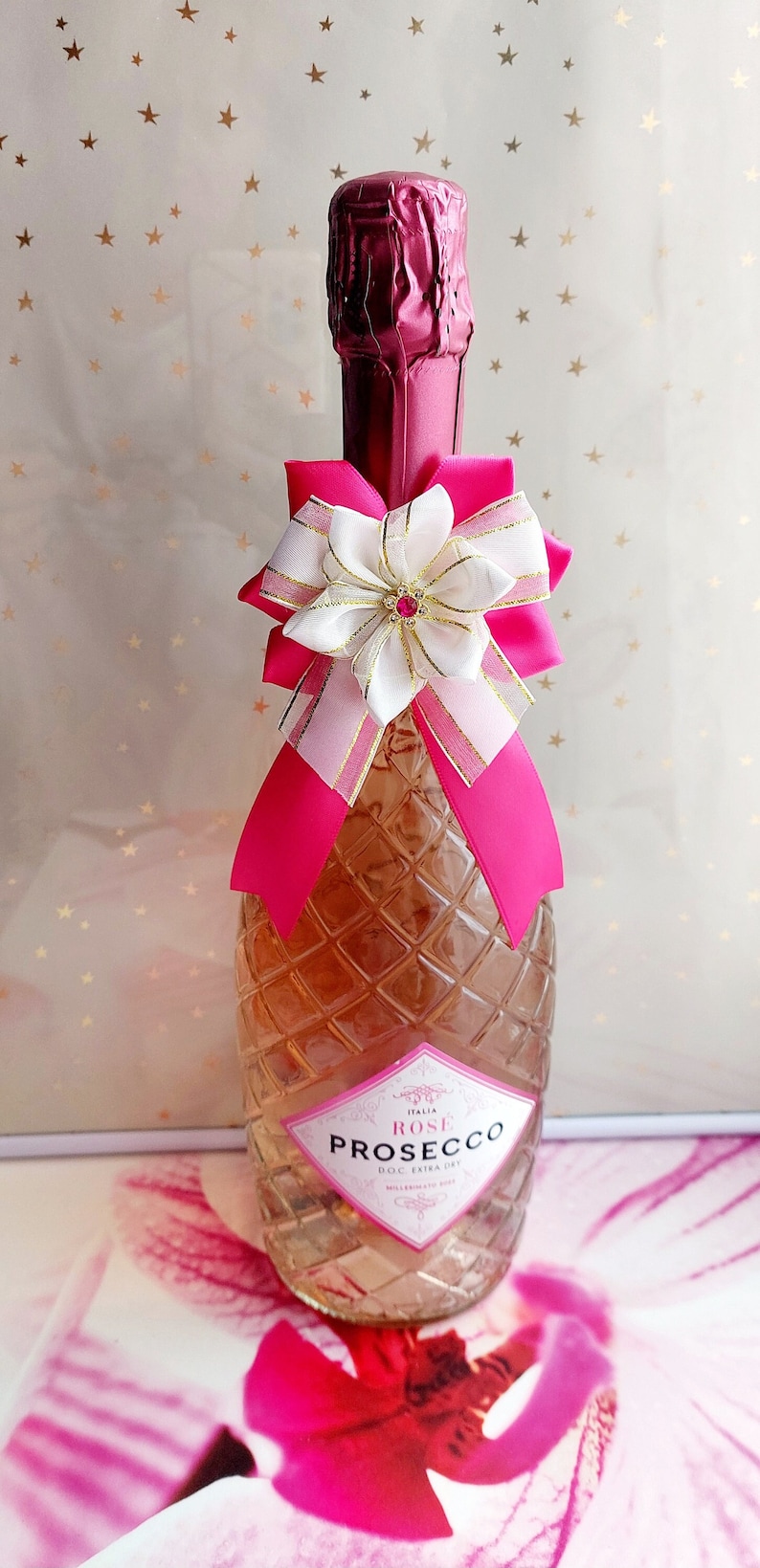Wine bottle bow decoration Hot pink white golden bowtie image 1