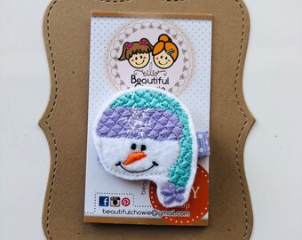 Snowman snowflake hat toque feltie clippie - Winter Holiday Christmas Head Hair bow hairclip - No-slip grip (P330)