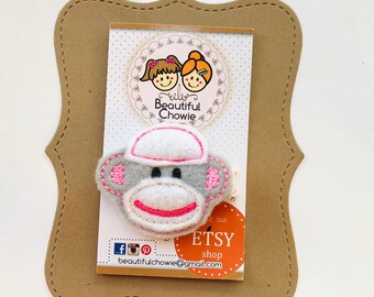 Sock Monkey in pink feltie clippie - Felt hair clip - No-slip grip - Perfect for Newborns, Infants, Baby Girls, Kids, Children (P133)