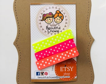 Simply fully lined neon polka dots pattern clippie - yellow, pink, orange hair clip -No-slip grip -Perfect for Little Girls (Q631)