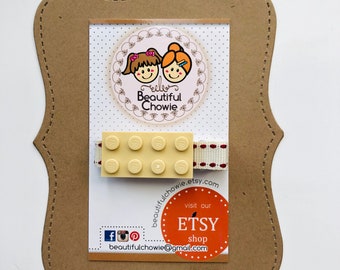 Beige Lego block clippie -Acrylic colourful lego plate 2x4 Embellished hair clip -No-slip grip -Perfect for Little Girls (E815)