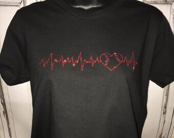 Women's Baseball Heart Pulse Glitter Shirt