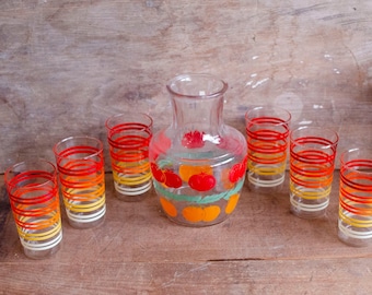 Vintage Red Orange Glassware Retro Orange Lemon Pitchers flower color