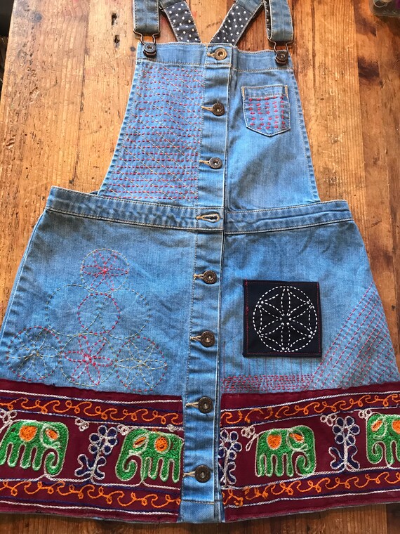 Upcycled Girls Denim Pinafore Dress/Vintage Kimono/Ethnic Indian Fabric/Sashiko Stich Size 8 Years Old