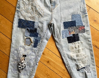 Upcycled jeans kid’s unisex/sashiko/BORO/boho style with denim patches/vintage kimono size 11-12 years old original brand ZARA