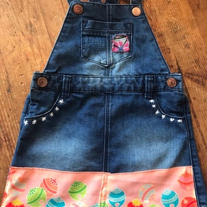 Upcycle kids denim pinafore dress with vintage kimono with sashiko stich size Uk 12-18 month
