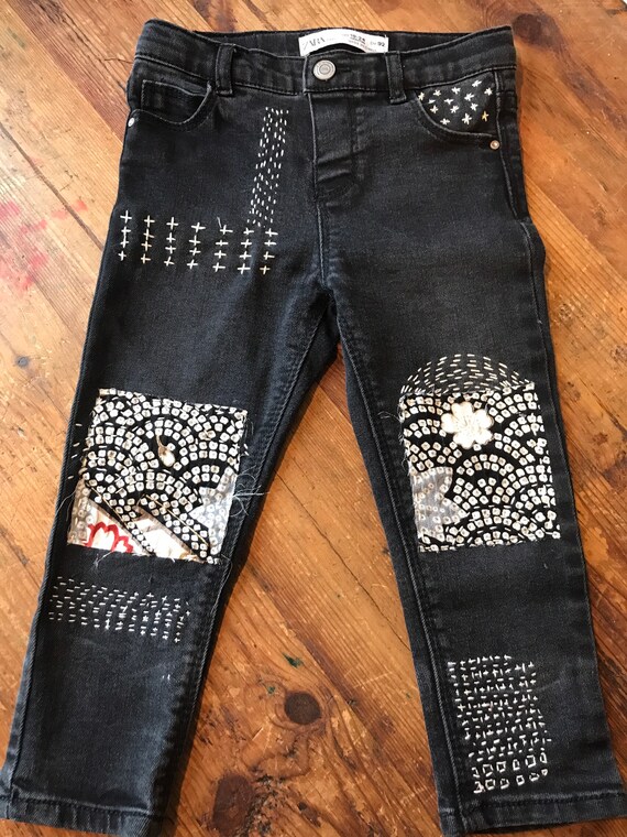 Up Cycled Girls Black Jeans/sashiko 