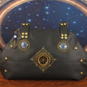 Steampunk Compass Shoulder Bag: Black Faux Leather with Cobalt Beading, Brass Chaining, Studs, and Riveting -- The Explorer