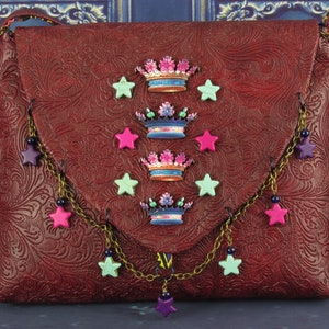 Crown and Stars Faux Leather Messenger Shoulder Bag with Laser Cut Crowns, Ceramic Stars, Cobalt Glass and Brass Chaining image 9