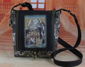 Steampunk Burlesque Victorian Messenger Bag Purse with Spoonflower Screen Print in Tapestry, Soft Corduroy, and Marble Beading -- Judgement