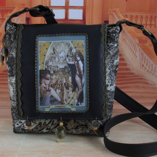 Steampunk Burlesque Victorian Messenger Bag Purse with Spoonflower Screen Print in Tapestry, Soft Corduroy, and Marble Beading -- Judgement