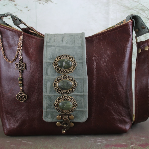 Celtic Knot Brown and Green Leather Shoulder/Tote Bag with Brass Latch,  Brass/Gold Patina Frames and Serpentine Stones -- Into The Woods