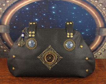 Steampunk Compass Black Faux Leather Zippered Shoulder Bag with Cobalt Beading, Brass Chaining, Studs, and Riveting -- The Explorer