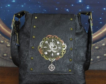 Steampunk Mermaid Shoulder Bag with Brass Riveting, Black Embossed Faux Leather, Beads, Cogs, Charms & Telescope -- Delmara