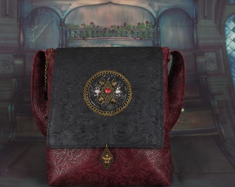 Alice in Wonderland Shoulder Bag in Black and Burgundy Faux Embossed Leather with Spoonflower Screen Print -- Alice's Adventures