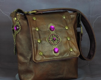 Steampunk Leather Shoulder Bag: Gothic Filigree Brass & Purple Glass --  Nightscape