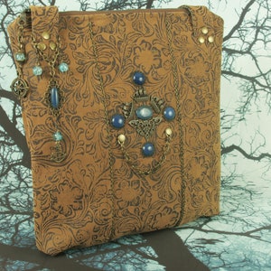 Victorian Steampunk I Pad/Tote/ Book/Shoulder to Hand Bag with Brass Ships and Blue Agates and Sea and Street Scene Cotton Nautical Past Bild 10