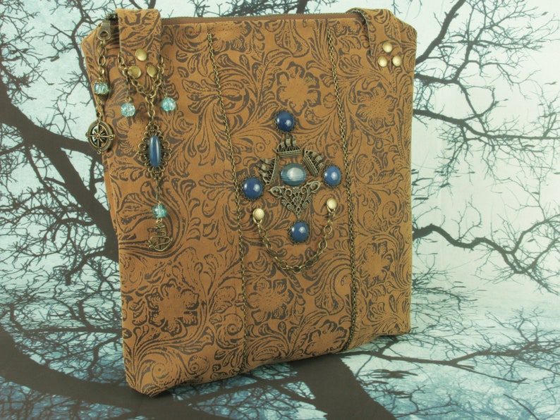 Victorian Steampunk I Pad/Tote/ Book/Shoulder to Hand Bag with Brass Ships and Blue Agates and Sea and Street Scene Cotton Nautical Past Bild 10
