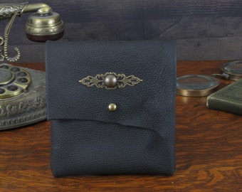 Gothic Black Coin/Cosmetic Bag in Natural Raw Edge Leather and Brass and Bronze Filigree by Phantazmagorium
