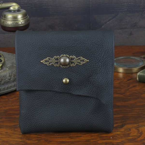 Gothic Black Coin/Cosmetic Bag in Natural Raw Edge Leather and Brass and Bronze Filigree by Phantazmagorium