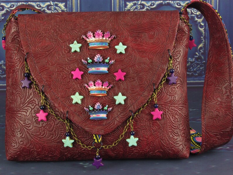 Crown and Stars Faux Leather Messenger Shoulder Bag with Laser Cut Crowns, Ceramic Stars, Cobalt Glass and Brass Chaining image 9