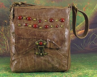 Steampunk Swing Latch Shoulder Bag with Tan Distressed Raw Edge Leather, Agates, Spike Rivets, and Vintage Cotton -- Maze Runner