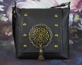 Steampunk Gothic Victorian Brass Rose Black Faux Leather Shoulder Bag with Filigree, Studs, Riveting, Quartz & Chains -- Steampunk Romantic