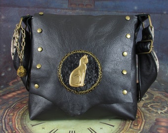Steampunk Cat Shoulder Bag with Raw Black Leather, Brass Vintage Cat, Filigree Capsule, Locket, Tea-dyed Cotton, & Rivets by Phantazmagorium