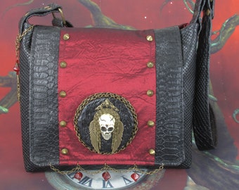 Gothic Skull Shoulder Bag in Black Faux Snakeskin Leather, Antique Brass, and Blood Red Silk -- Crowned Captivator VI