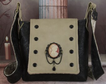 Gothic Victorian Cameo Messenger Shoulder Bag in Black Faux and Cream Leather with Vintage Carved Stone Cameo -- Ophelia