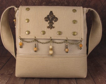 Steampunk Victorian Fleur-de-lis Beaded Riveted Shoulder/Messenger Bag Accessory in Brown Tweed and Cream Faux Leather -- Mademoiselle