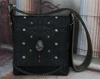 Gothic Macabre Ghosts in the Attic Black Faux Leather Soft Body Shoulder Bag with Studs and Spike Riveting by Phantazmagorium