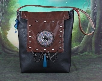 Steampunk Handbag/Tote/Shoulder Bag with Aqua Blue Glass Leaves and Flowers, Gunmetal Chaining & Black/Brown Faux Leather -- Victoria Rose