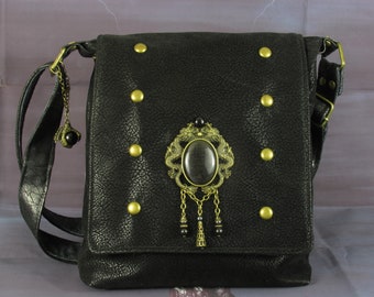 Gothic Dragon Cross Body Shoulder Bag with Black Faux Leather, Onyx, Brass, Riveting, Dragon Claw and Framed Gray Cat Eye Stone -- Mythic